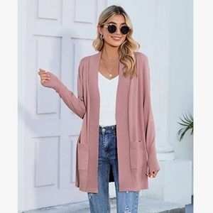 New Pink Open Front Casual Long Sleeve Knit Classic Sweaters Cardigan Pockets